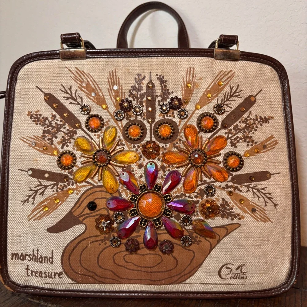 Enid Collins Handbag Marshland Treasure Medium Canvas Jeweled Brown Vintage 60s